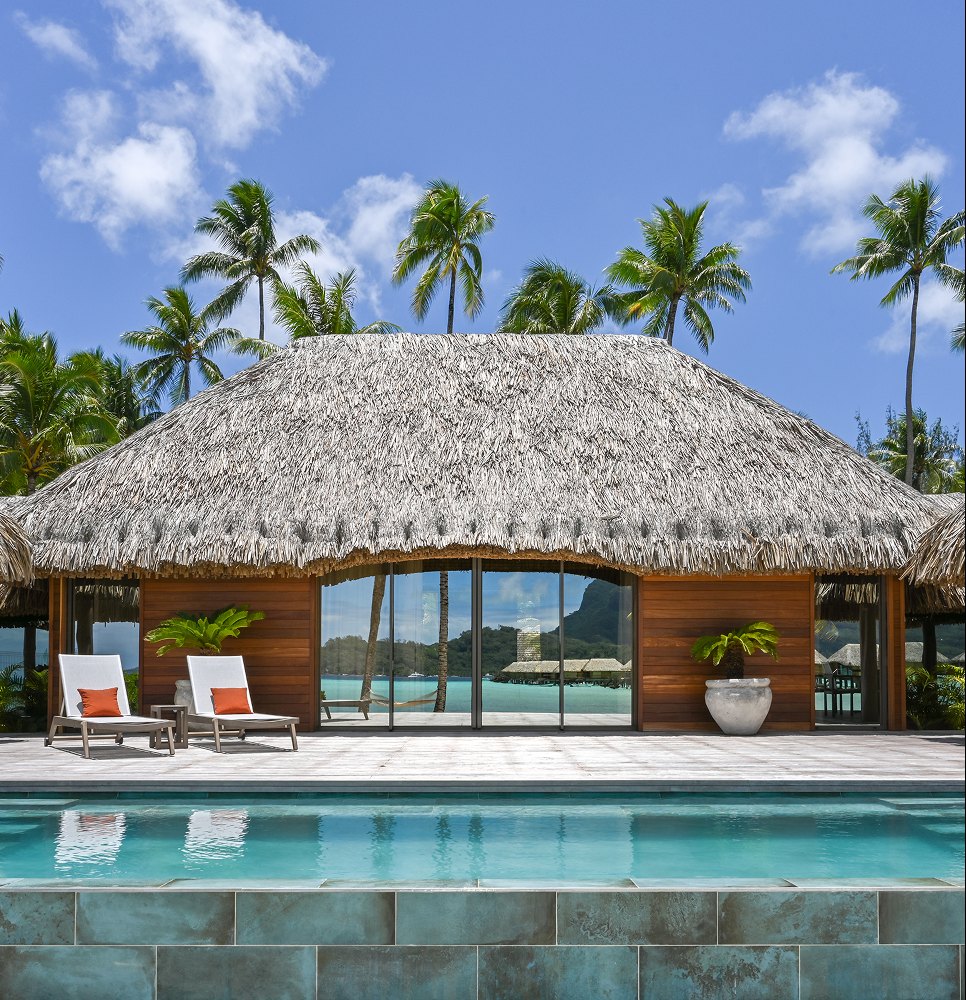 Villa with a private pool lined with coconut trees