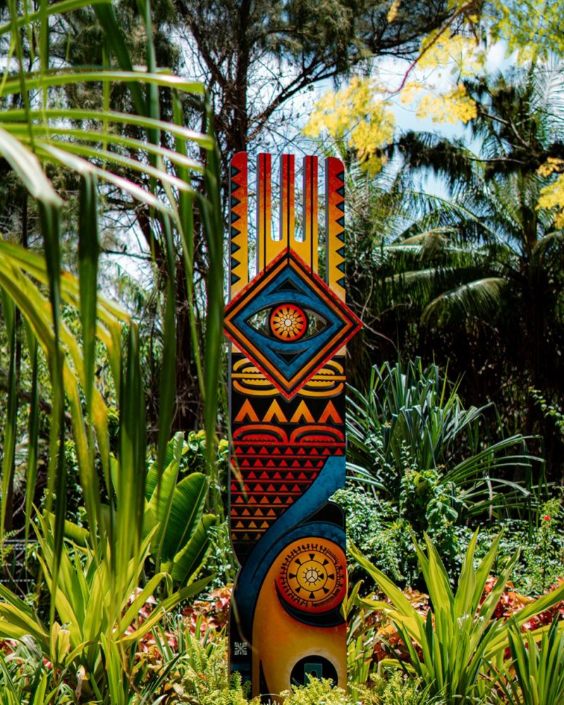 Colourful sculpture in a tropical garden