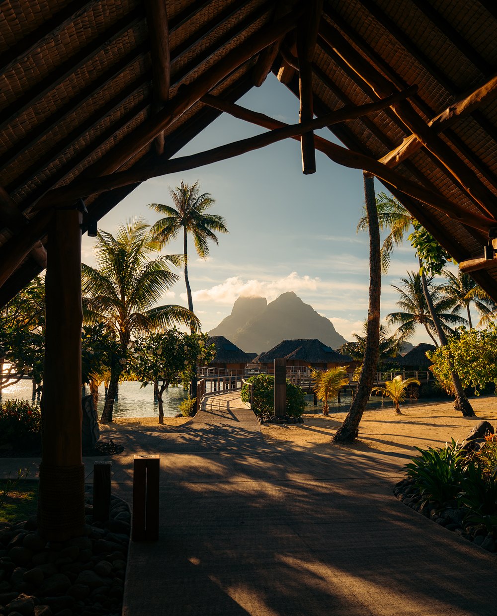 Mount Otemanu seen from a resort pavilion